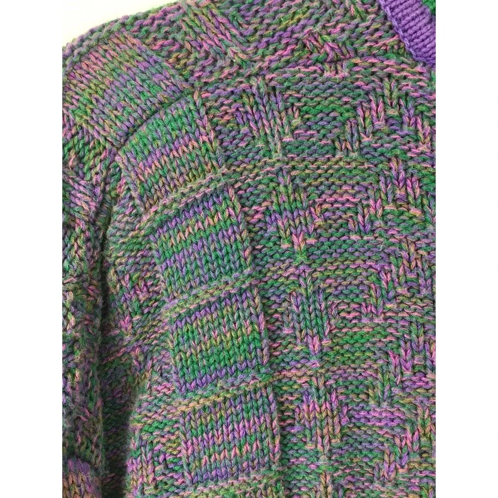 Vintage 90s V Neck‎ Sweater Mens XL Green Purple Marled 100% Cotton Heavy Weight